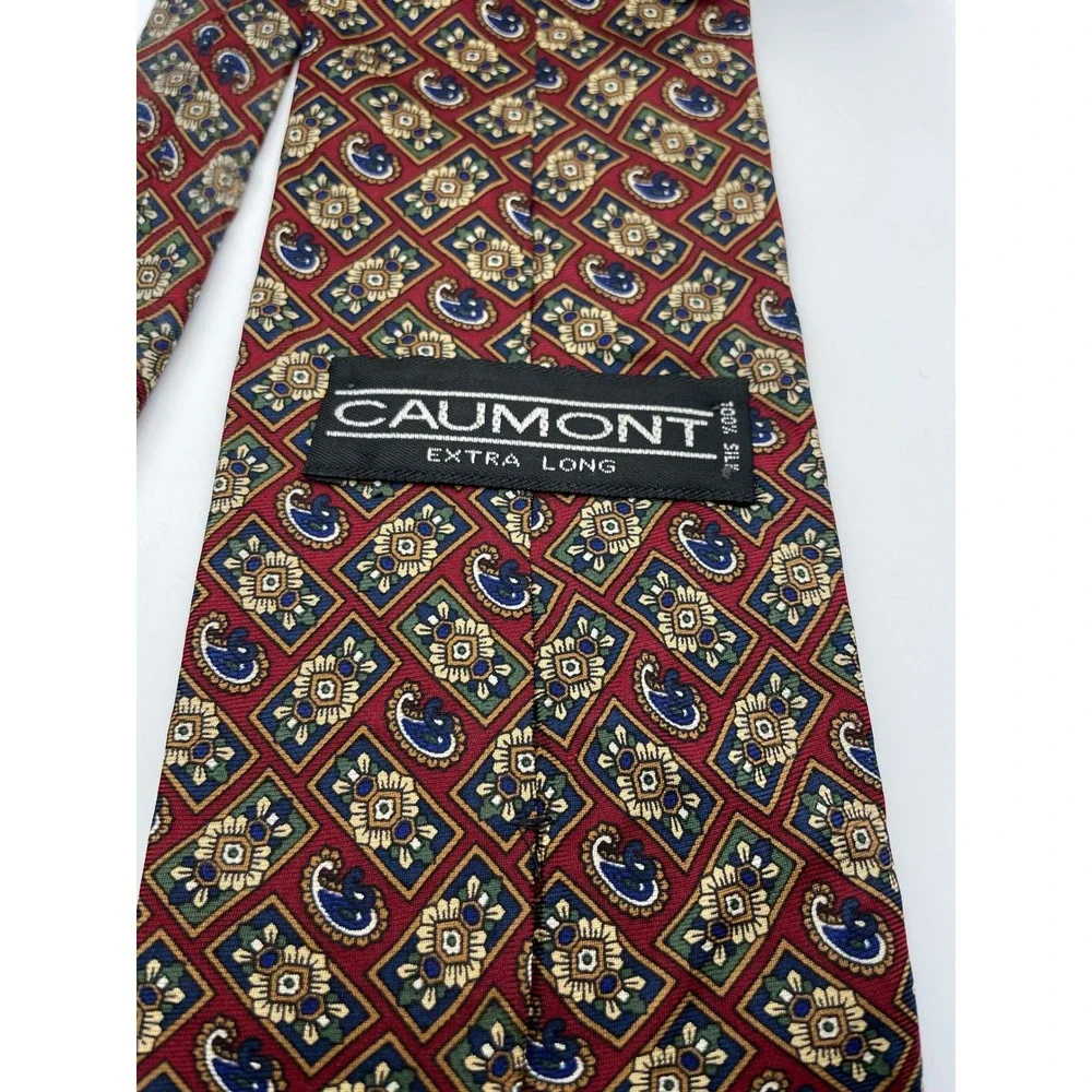 Caumont Extra Long Silk Tie Mens Burgundy Navy Gold Geometric Paisley Medallion